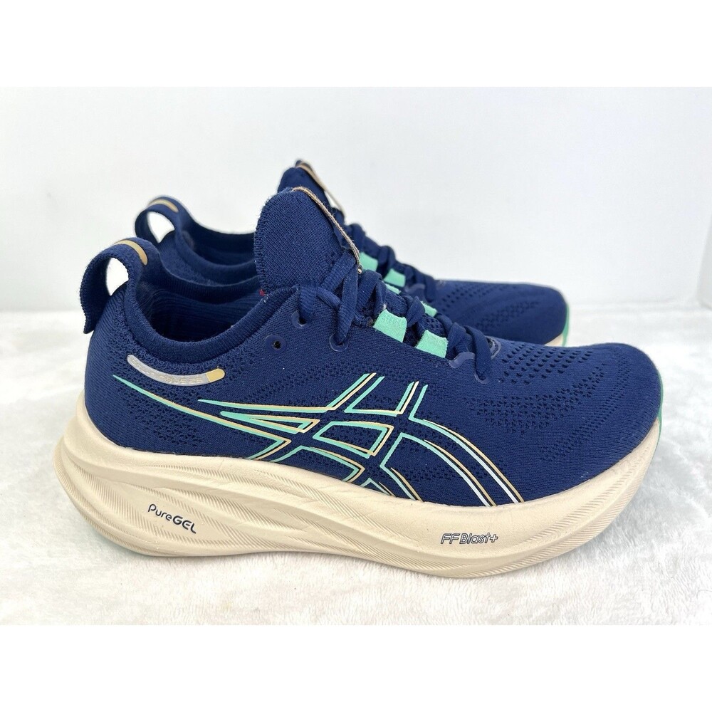 ASICS GEL-Nimbus 26 Womens 6 Running Shoe Blue Expanse Aurora Green 1012B601-400